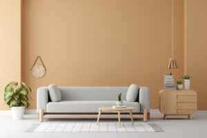 Gray sofa in brown living room with copy space for mock up, 3D r Gray sofa in brown living room with copy space for mock up, 3D r